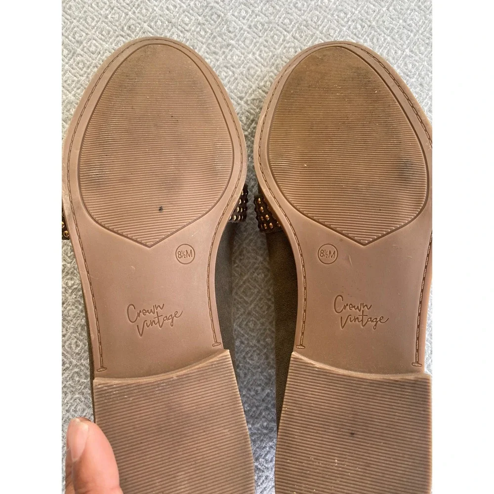 Crown Vintage Loafers Women 8.5 Olive Green Suede Gold‎ Studded Slip On Flats